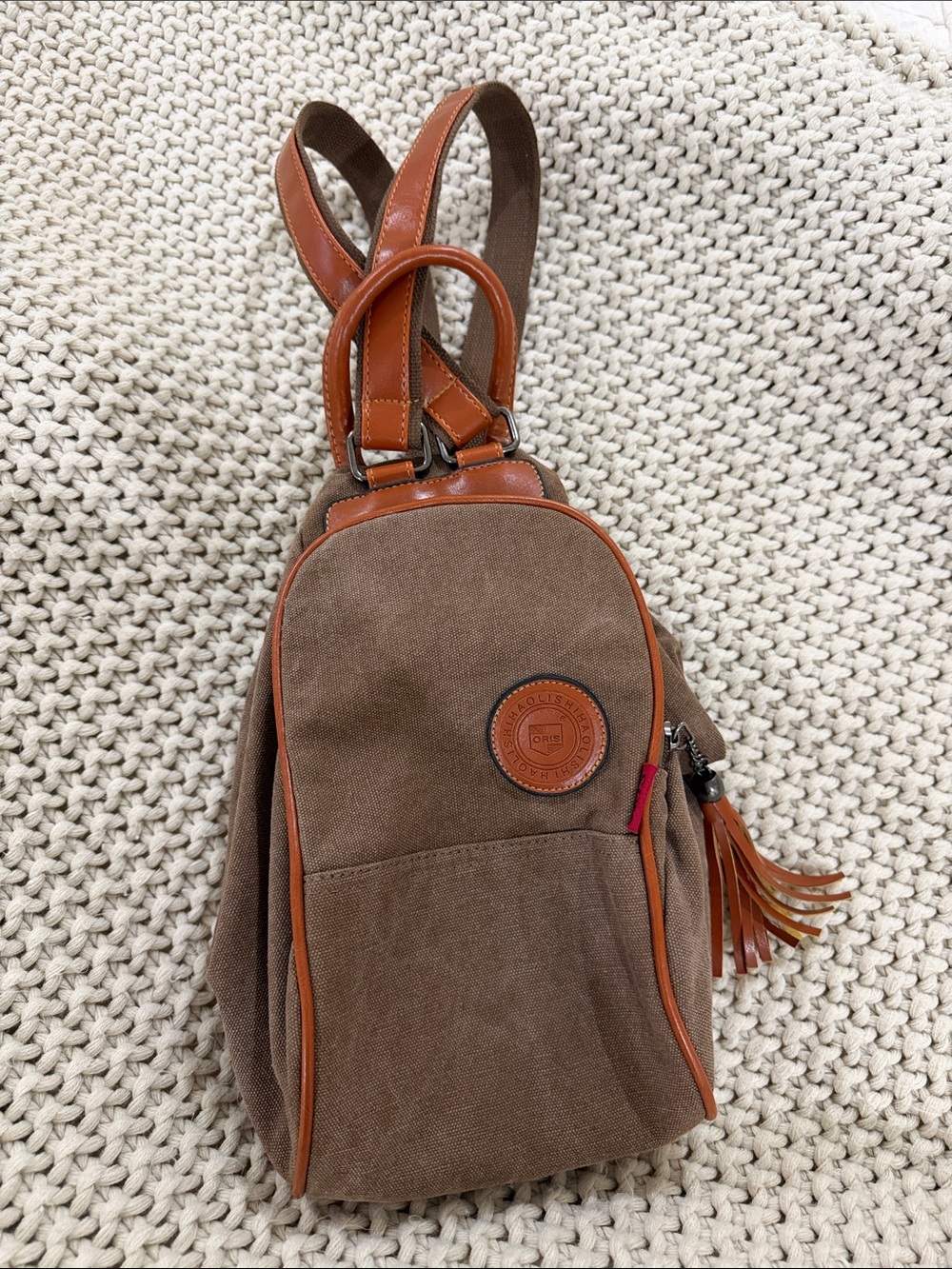 Oris Brown Canvas Sling Backpack with Tan Leather Accents “Jet Setter”